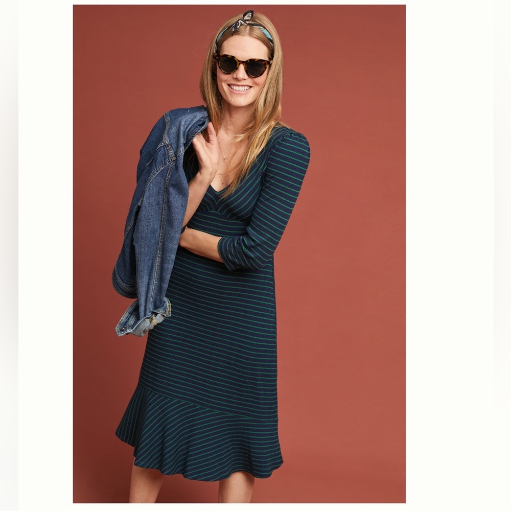 Maeve Green and Blue Striped Midi Dress